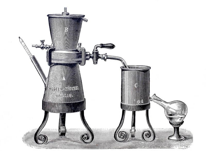 Perfumery, extremity apparatus with template for the recovery of the solvent, by Wegelin & HÃ¼bner, around 1870, digitally improved reproduction of a 19th century template, historical, exact date unknown