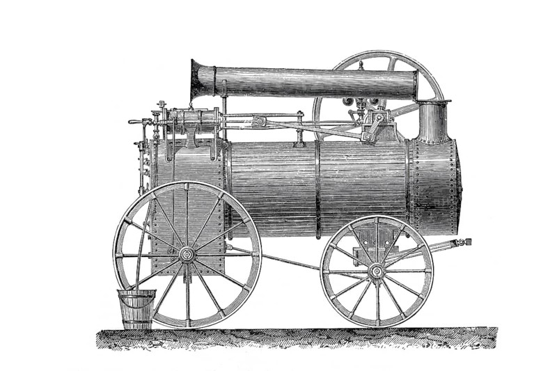 Agriculture, arable farming, locomobile, a steam engine plant in closed design, in which all components necessary for the operation of the plant, firing, steam boiler, control and the entire drive unit are mounted on a common platform, digitally improved reproduction of a 19th century model, historical, exact date unknown