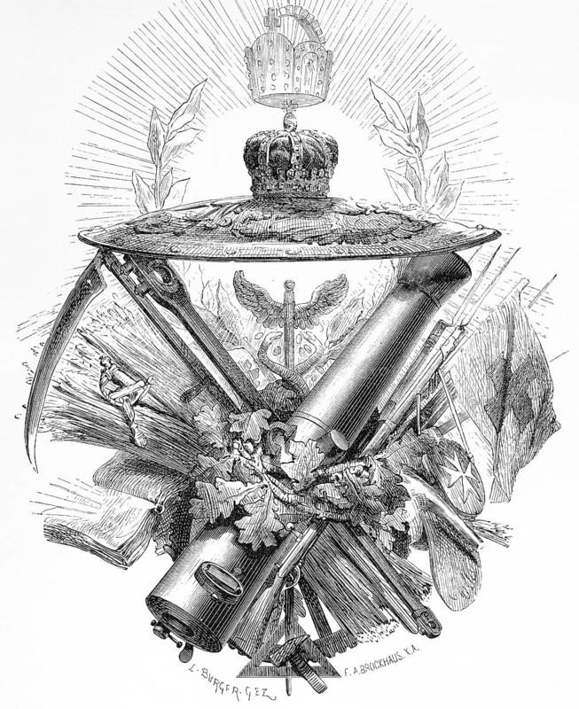 Symbolic picture of the history of Brandenburg and Prussia, royal crown, sign, cannon, scythe, grain, pitchfork, hammer, cross, sword, oak leaves, rifle, rays of light, book, historical illustration 19th century
