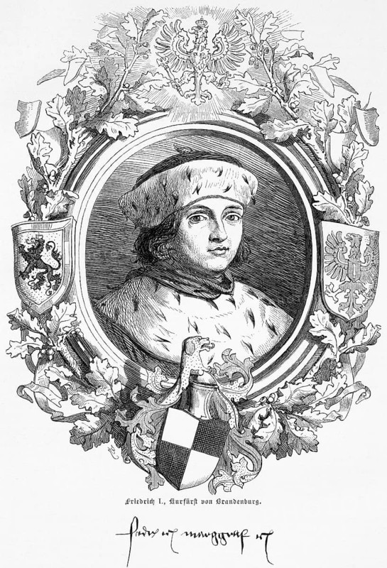 Portrait of Frederick I Elector of Brandenburg (1371-1440) Hohenzollern, Elector of the Holy Roman Empire, high nobility, Burgrave of Nuremberg (1397-1420) Ornamentation, Middle Ages, imperial eagle, oak leaves, proud look, noble clothing, historical illustration 19th century