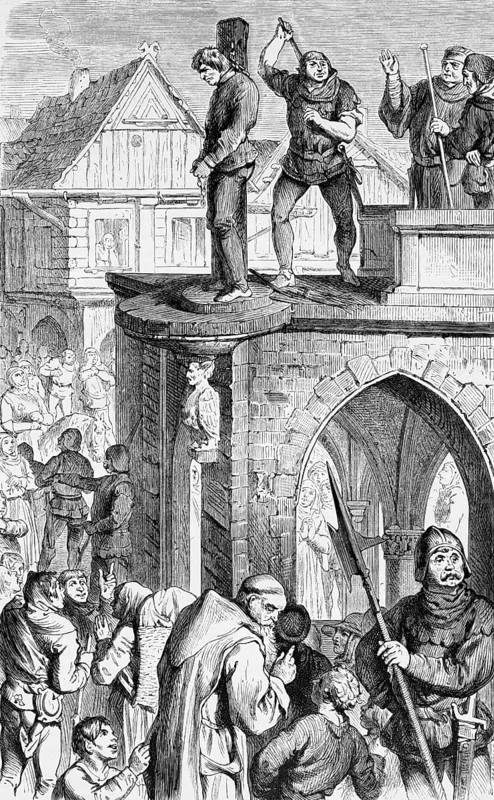 Exhibition on the pillory, kraaken, on the court house in Berlin 1380, punishment in the Middle Ages, whipping at the shame stake, spanking, perpetrators in chains, shackles, jurisdiction, public, citizens, spectators, men, woman, children, entertainment, guard, houses, Germany, historical illustration 19th century