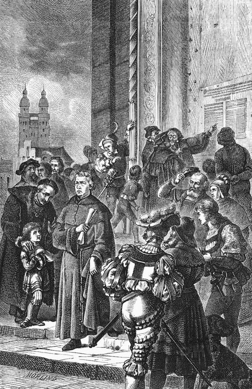 Martin Luther proposes the 95 theses to the castle church in Wittenberg, October 31, 1517, 16th century, church reform, opponents of indulgences and trade in indulgences, crowd, steps, citizens, Luther with a roll of paper, historical illustration 19th century