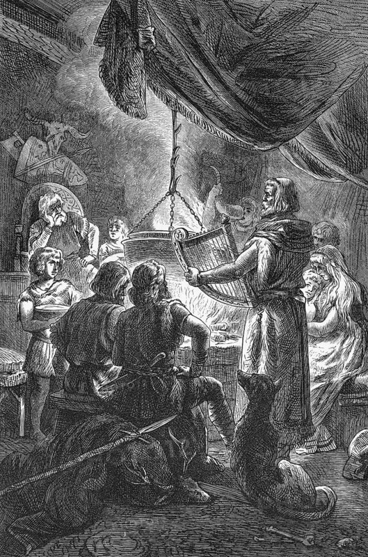 Singers of heroic songs at a meal, Nordic mythology, wall with antlers, shield and spear, eating, drinking from horn, festival, large pot over open fire, singer with harp, songs, stories, listeners, woman, men, children, dog, historical illustration 19th century