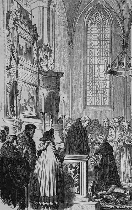 Joachim II (1505-1571) receives communion, in front of altar in church, on his knees, clergyman with chalice, blessing, churchgoers, candles, ornamentation, church window, chandelier, Hohenzollern, Margrave of Brandenburg, Archchamberlain of the Holy Roman Empire, historical illustration 19th century