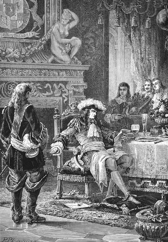 William III of Orange (1659-1702) receives the envoys of the nobility who favoured him, castle, interior, life in luxury, ceremonial hall, disgruntled king sitting in an armchair at the dining table, scowl, reading the envoy's letter, laid table, fruit bowl, valuable furnishings, open fireplace, historical illustration 19th century