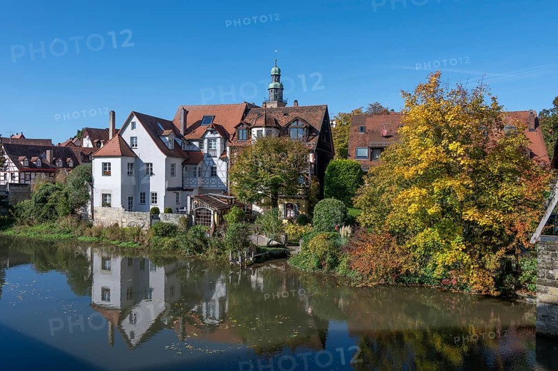 View of Pegnitz with old town houses, back tower of St. John's Church, Lauf an der Pegnitz, Middle Franconia, Bavaria, Germany
