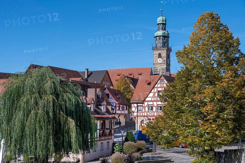Old town houses with St. John's Church, Lauf an der Pegnitz, Middle Franconia, Bavaria, Germany