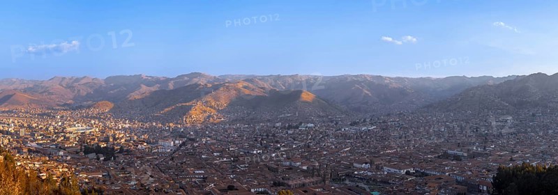 Peru. White Jesus Christ lookout, scenic panoramic view of Cusco from Christo Blanco viewpoint