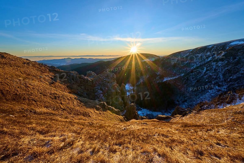 Strong sun rays over mountain landscape, clear blue and expanse, view of the Rhine Valley, Martinswand, Frankental, Vosges, France