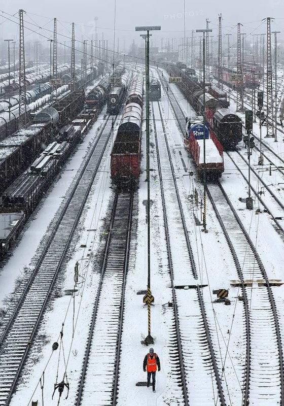 Train formation facility in the Vorhalle district in winter, marshalling yard, freight trains, infrastructure, Hagen, Ruhr area, North Rhine-Westphalia, Germany