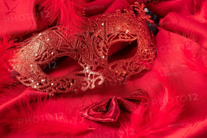 Red mask on red fabric with feathers and bow