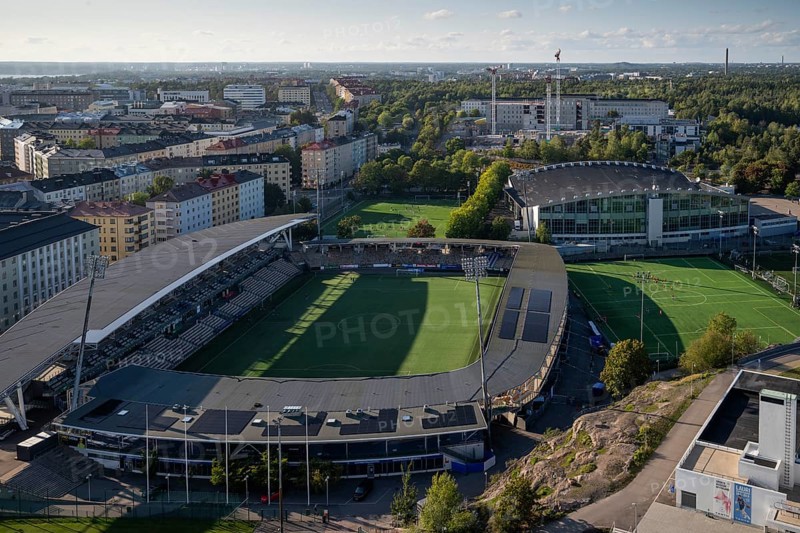 View of soccer stadium and grass fields from the Olympic Stadium tower, Helsinki, Finland