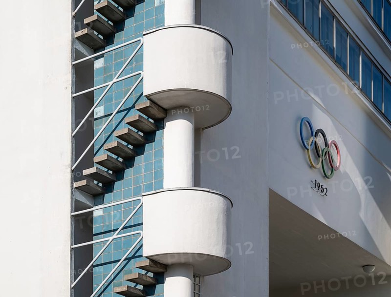 Staircase, tower and Olympic rings 1952, Olympic Stadium or Finnish Olympic Stadium, architects Yrjö Lindegren and Toivo Jäntti, Helsinki, Finland