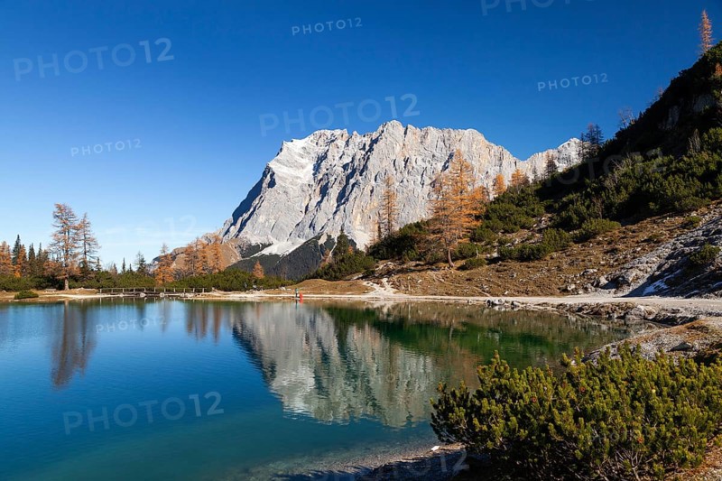Seebensee with Zugspitze and Wetterstein Mountains in autumn, Alps, Tyrol, Austria