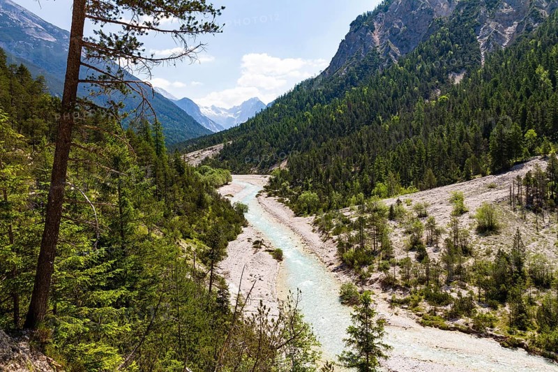 Isar cycle path to the source of the Isar in the Hinterau Valley, upper reaches of the Isar, Karwendel, Alps, Tyrol, Austria