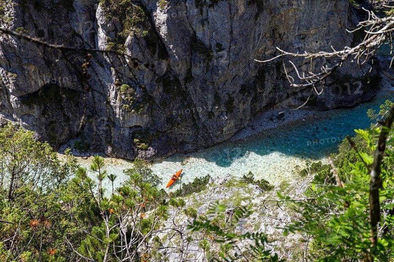 Kayaking in the upper reaches of the Isar, kayaking, Hinterautal, Upper Bavaria, Alps, Germany