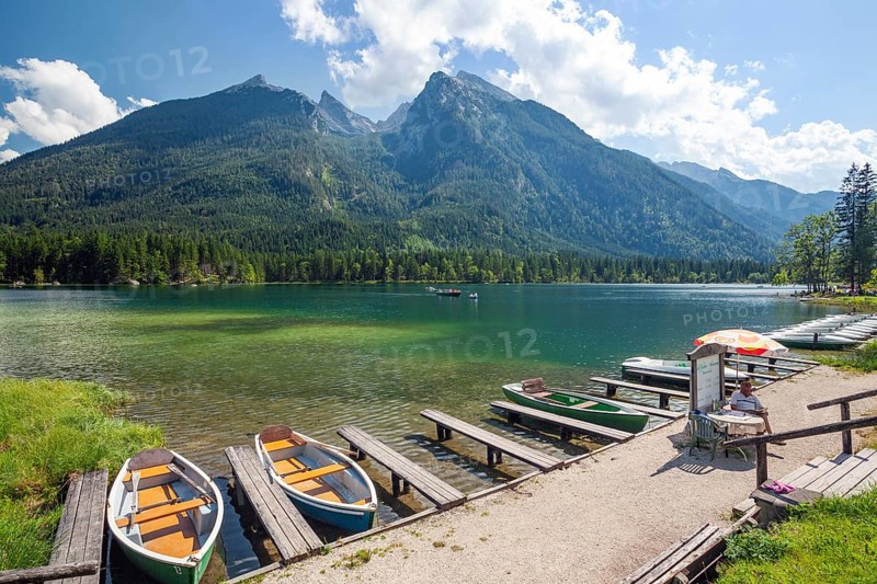 Hintersee with Schartenspitze and Wasserwandkopf, boat rental, Ramsau, Berchtesgadener Land, Upper Bavaria, Alps, Germany