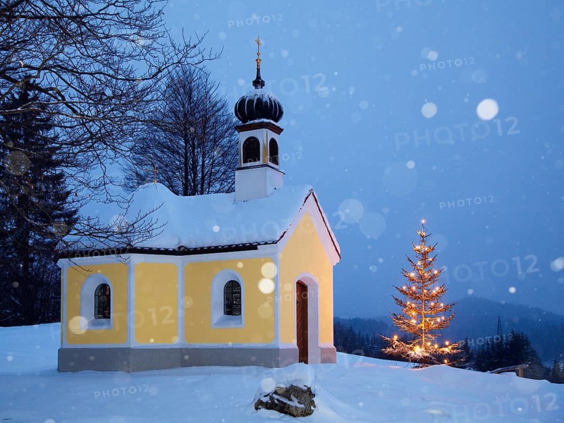 Maria Rast chapel with Christmas tree during snowfall, Christmas, Krün, Upper Bavaria, Germany