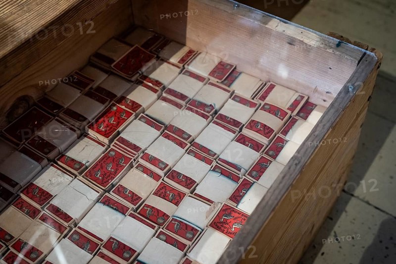 Matchbox labels are bundled in a box, Tändsticksmuseet matchstick museum or match museum, Jönköping, Jönköpings län, Sweden