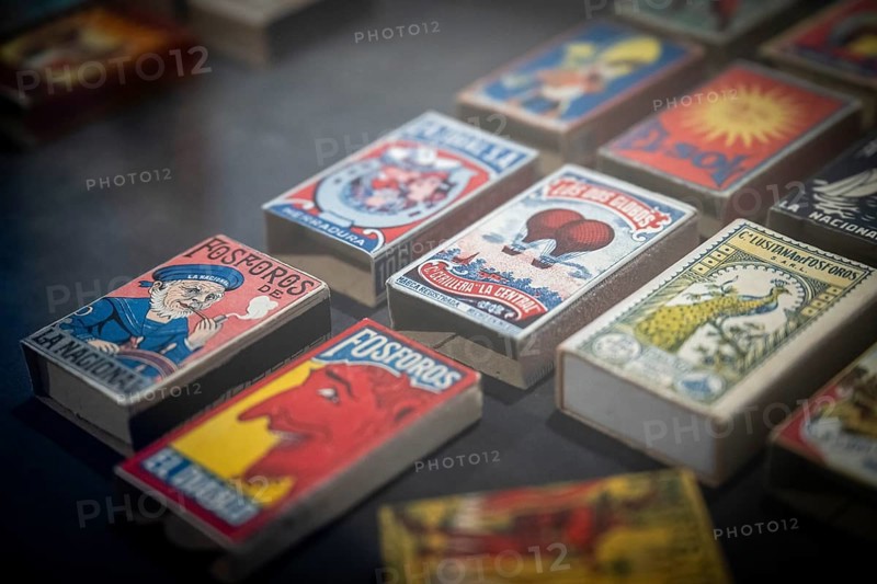 Matchboxes with old label design and different motifs, Tändsticksmuseet matchstick museum or match museum, Jönköping, Jönköpings län, Sweden