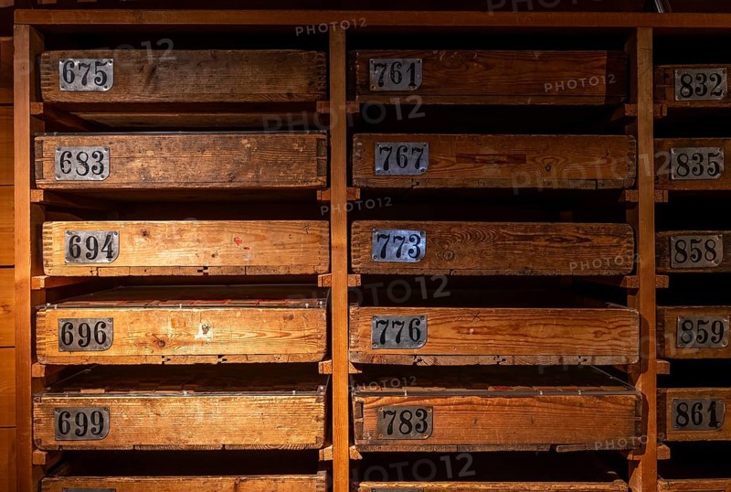 Old wooden cabinet with numbered drawers for storing match labels, Tändsticksmuseet matchstick museum or match museum, Jönköping, Jönköpings län, Sweden