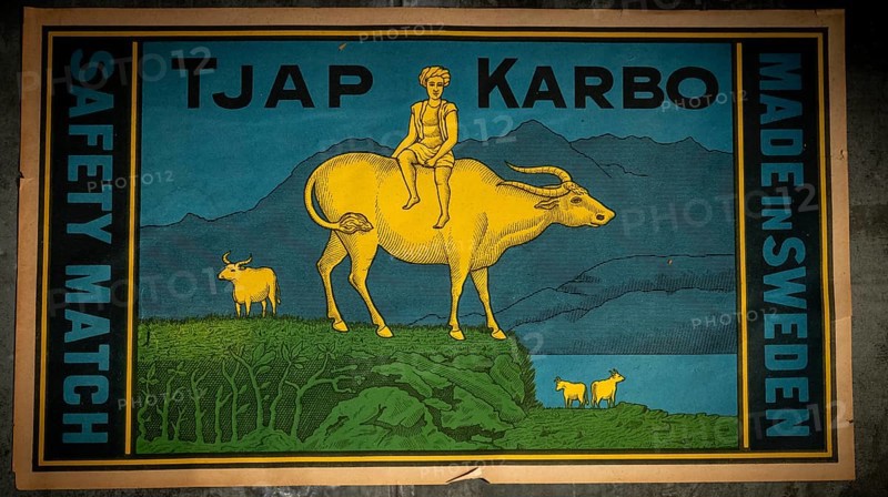Historic label design, man sitting on water buffalo, Tändsticksmuseet match museum or match museum, Jönköping, Jönköpings län, Sweden