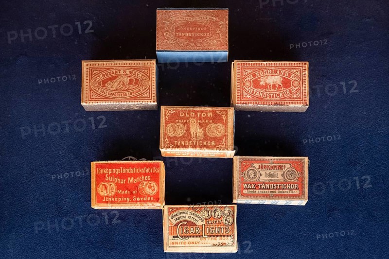 Matchboxes with old label design, Tändsticksmuseet Match Museum or Match Museum, Jönköping, Jönköpings län, Sweden