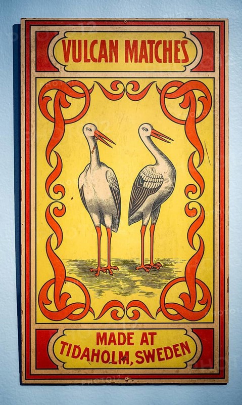 Historic label design, storks, Vulcan Matches Made at Tidaholm, Sweden, Tändsticksmuseet match museum or match museum, Jönköping, Jönköpings län, Sweden