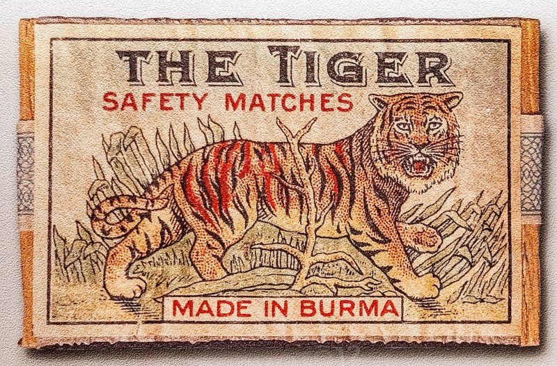 Historic label design, tiger, print Made in Burma, Tändsticksmuseet match museum or match museum, Jönköping, Jönköpings län, Sweden