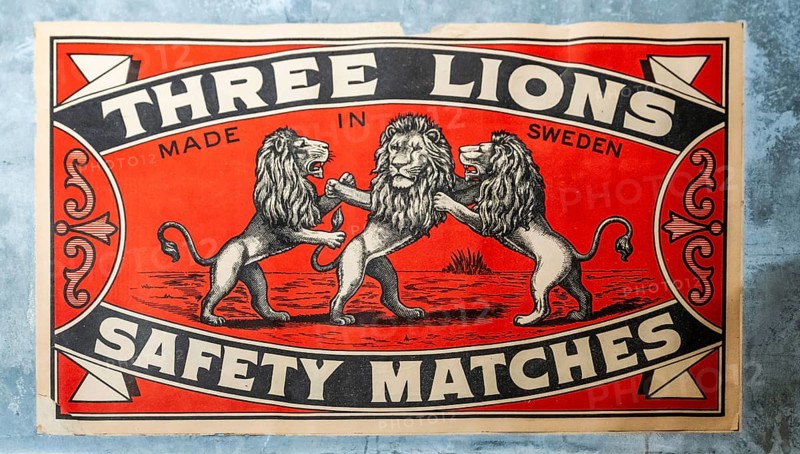 Historic label design, dancing lions and print Made in Sweden, Tändsticksmuseet match museum or match museum, Jönköping, Jönköpings län, Sweden
