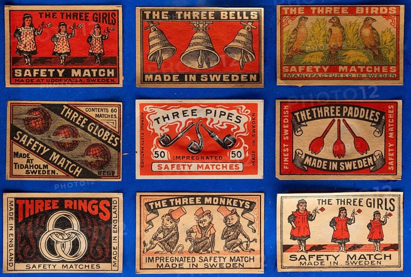 Matchboxes with old label design and different motifs, Made in Sweden, Tändsticksmuseet match museum or match museum, Jönköping, Jönköpings län, Sweden