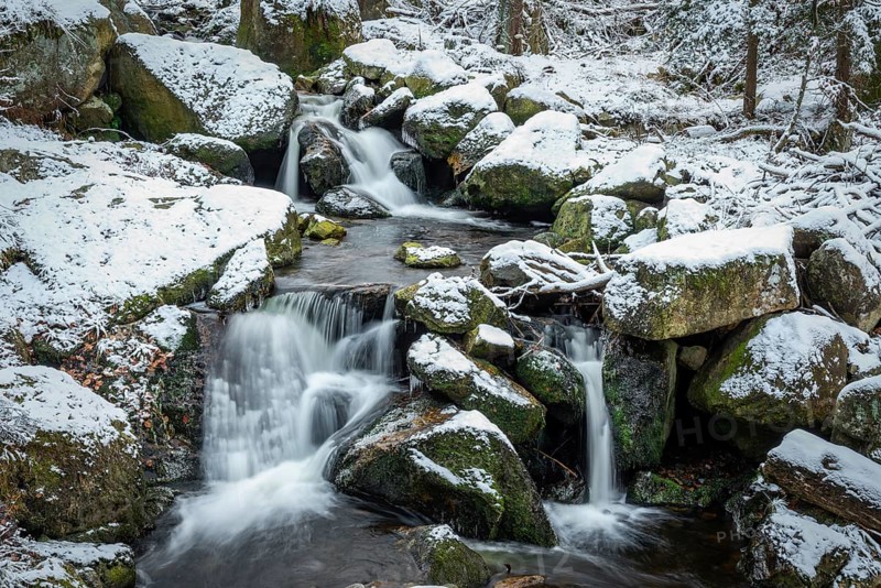 Ilse Falls with snow and moss covered rocks in winter, Heinrich-Heine-Weg, Ilsetal, Harz National Park, Saxony-Anhalt, Germany