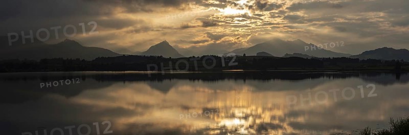 Sunset panorama, Hopfensee, Hopfen am See, near Füssen, Ostallgäu, Allgäu, Bavaria, Germany