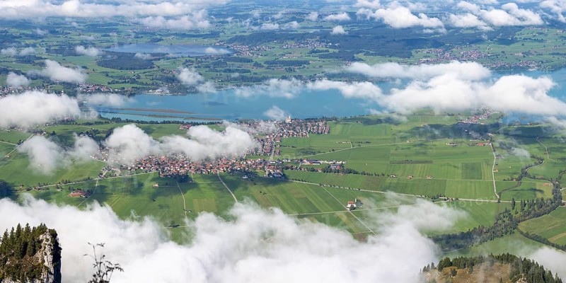 Panorama from Tegelberg, 1881m, on Schwangau, Waltenhofen, Forggensee and Hopfensee, Ostallgäu, Bavaria, Germany