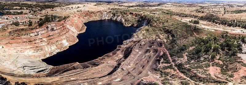 Panoramic aerial photograph, Mina de Sao Domingos, historic copper open-pit mine, aerial view, Portugal