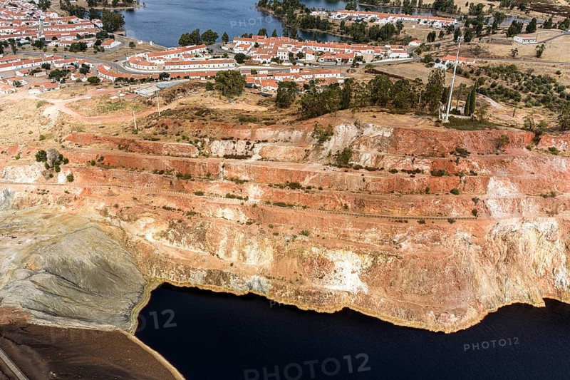 Houses of the village, on top of Mina de Sao Domingos, historic copper open-pit mine, Portugal