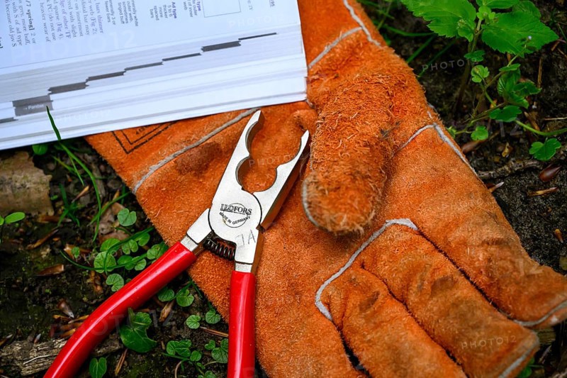 Münsterland, North Rhine-Westphalia, Germany, tools for ringing owls Safety gloves and pliers are on a book ready for use, tools and orange glove on the ground with plants and a document