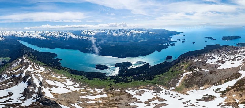 View of mountain landscape with turquoise blue Tutka Bay fjord, aerial view, Grace Ridge, Kachemak Bay State Park, Kenai Peninsula, Alaska, USA
