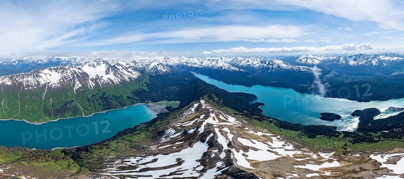 View of mountain landscape with turquoise blue fjord Sadie Cove and Tutka Bay, aerial view, Grace Ridge, Kachemak Bay State Park, Kenai Peninsula, Alaska, USA
