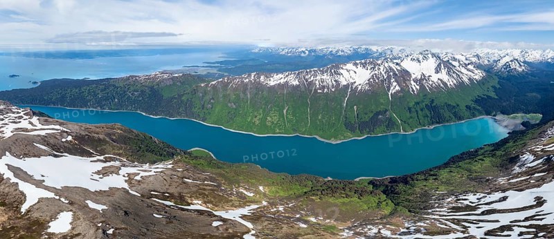 View of mountain landscape with turquoise blue fjord Sadie Cove, aerial view, Grace Ridge, Kachemak Bay State Park, Kenai Peninsula, Alaska, USA