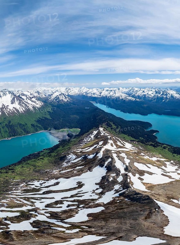 View of mountain landscape with turquoise blue fjord Sadie Cove and Tutka Bay, aerial view, Grace Ridge, Kachemak Bay State Park, Kenai Peninsula, Alaska, USA