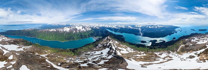 Panorama, view of mountain landscape with turquoise blue fjord Sadie Cove, aerial view, Grace Ridge, Kachemak Bay State Park, Kenai Peninsula, Alaska, USA
