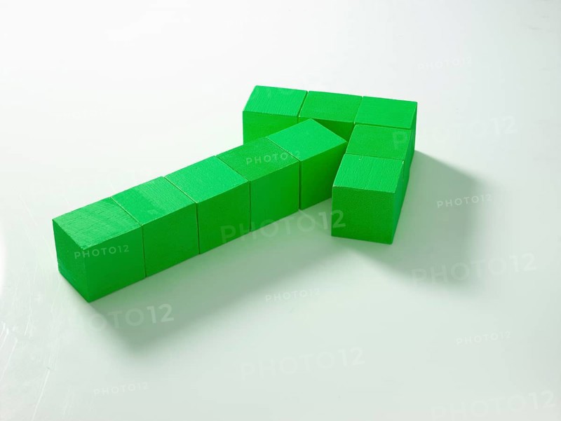10 green wooden cubes against a white background