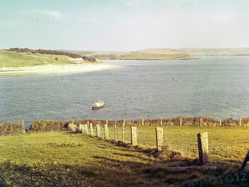 Camel estuary looking over Doom Bar to village of Rock, River Camel, Chiddleypump, near Padstow, Cornwall, England, 1960s