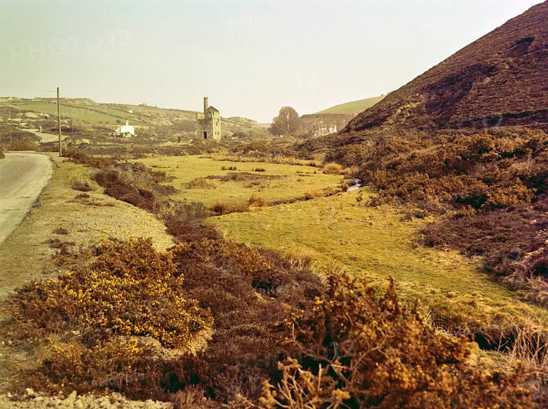 Ruins of engine house building Wheal Ellen, Old Basset copper mine, near Porthtowan, St Agnes, Cornwall, England, UK 1960s