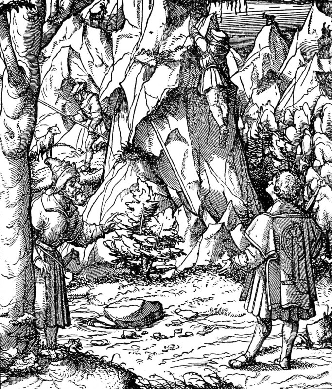 Chamois hunting in the Alps at the time of Emperor Maximilian I (1459-1519), hunting, chamois, habitat, high mountains, beaters with lances, dog, trees, bushes, rocks, historical illustration 19th century