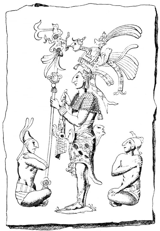 Folk types on an old Mexican relief, from the prehistoric Central American period, indigenous population, indigenous people, side view, staff with decoration, standing and sitting men, numerous and valuable jewelry, after Alexander von Humboldt, Mexico, historical illustration 19th century