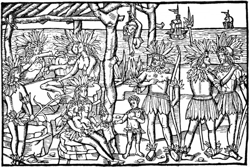 First depiction of the natives of the New World, sailors, ships, sea route to India, landing on Caribbean islands, group of indigenous people, men, woman, children, baby breastfeeding, body parts, cruelty, nudity, headdress, Augsburg around 1500, Caribbean, Central America, historical illustration 19th century