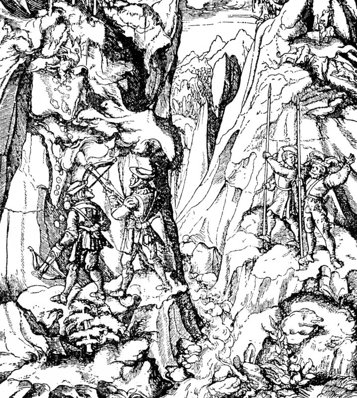 Alps at the time of Emperor Maximilian I (1459-1519), the young White King kills a chamois with a steel bow, Middle Ages, high mountains, hunting, beaters with lances, emperor with crossbow, gorge, river, historical illustration 19th century
