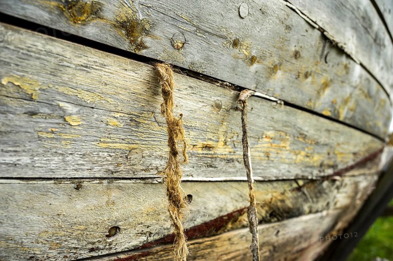 Close-up of weathered wooden planks of an old fish boat the hemp from the calfater is visible between the planks, Vestre Jacobselv, Finnmark, Norway